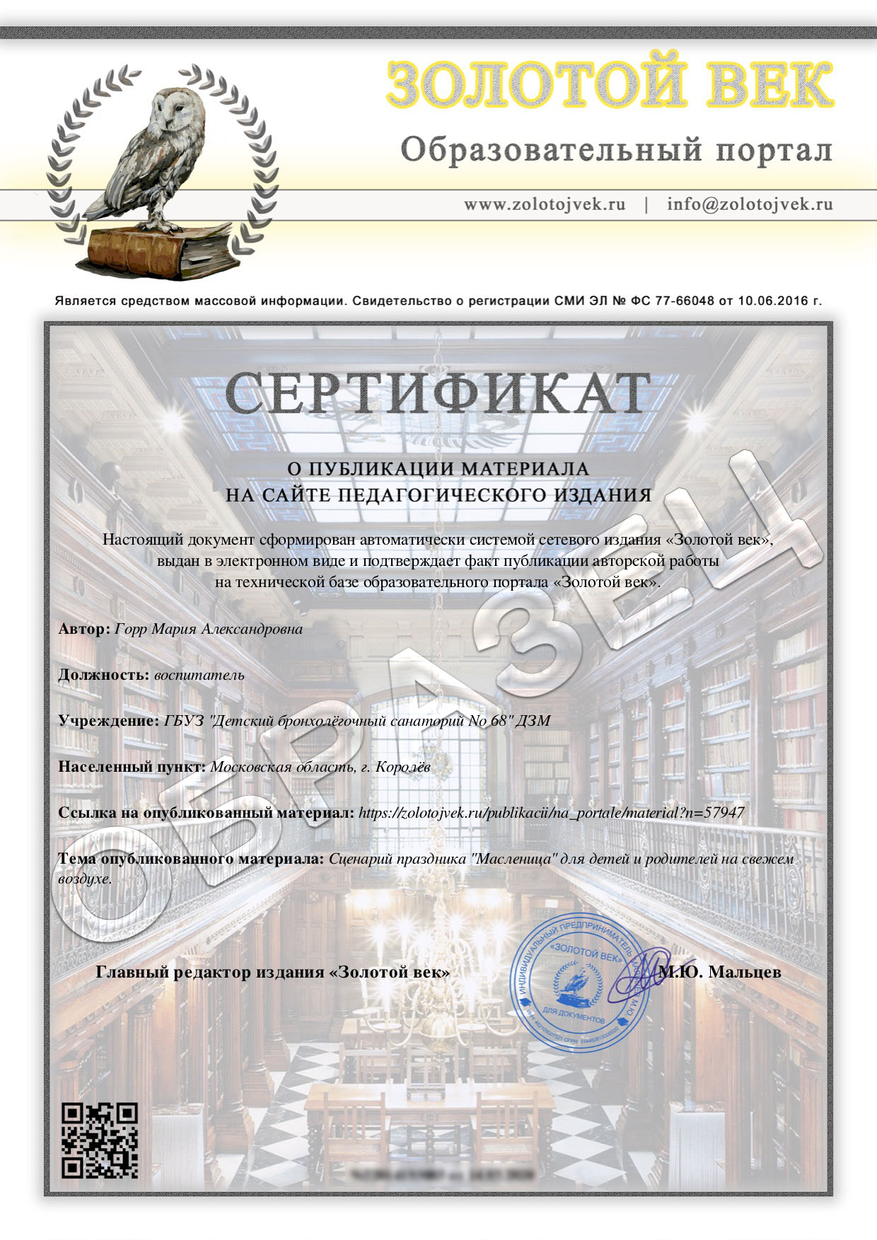 Сертификат. Публикация авторского материала на сайте издания.